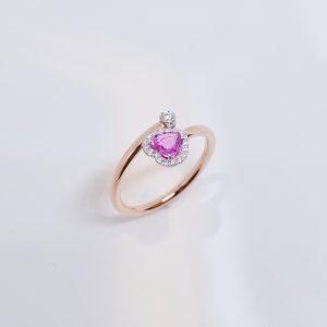 18K金屬心形粉紅藍寶石鑽石戒指