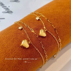 立體愛心小星星層次感鑽石18k金手鏈腳鏈 Heart ＆ Little Heart Diamond 18k Yellow Gold Bracelet