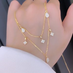 不同形狀雙層鑽石18k金頸鏈 Different Shape Double Layered Diamond 18k Yellow Gold Necklace