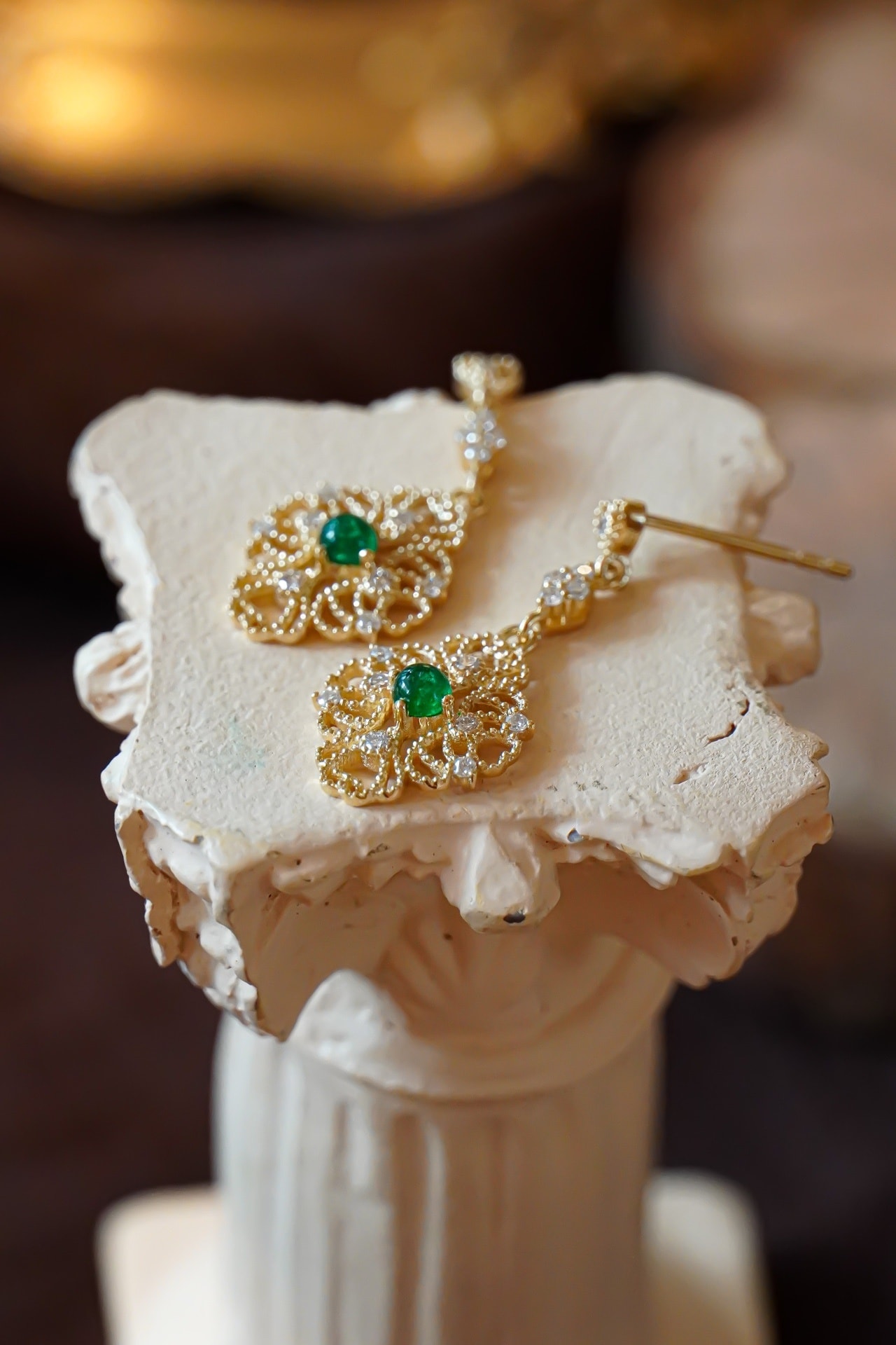 宮廷風綠寶石祖母綠鑽石18k金耳墜 Emerald Diamond 18k Gold Earrings