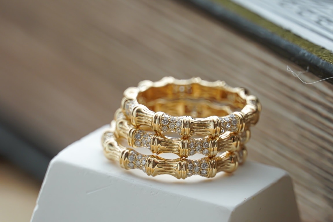 質感竹節鑽石18k金戒指 Bamboo Diamond 18k Yellow Gold Ring